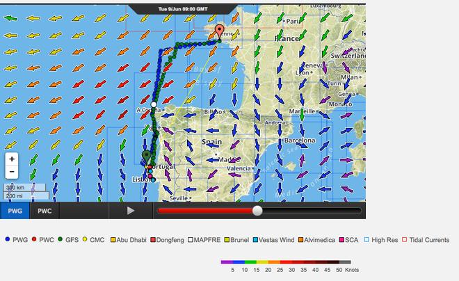 Mapfre position just after 0600hrs on 09 June UTC. The dark red wind arrow nearst to her indicates average winds of 30-35kts with gusts up to 30% higher. © PredictWind http://www.predictwind.com